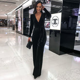 Spring Autumn Women's Sexy Deep V Neck Long Jumpsuit Workwear Ladies Wide Leg Black Velvet Jumpsuit Jumpsuit with Belt Jumpsuit